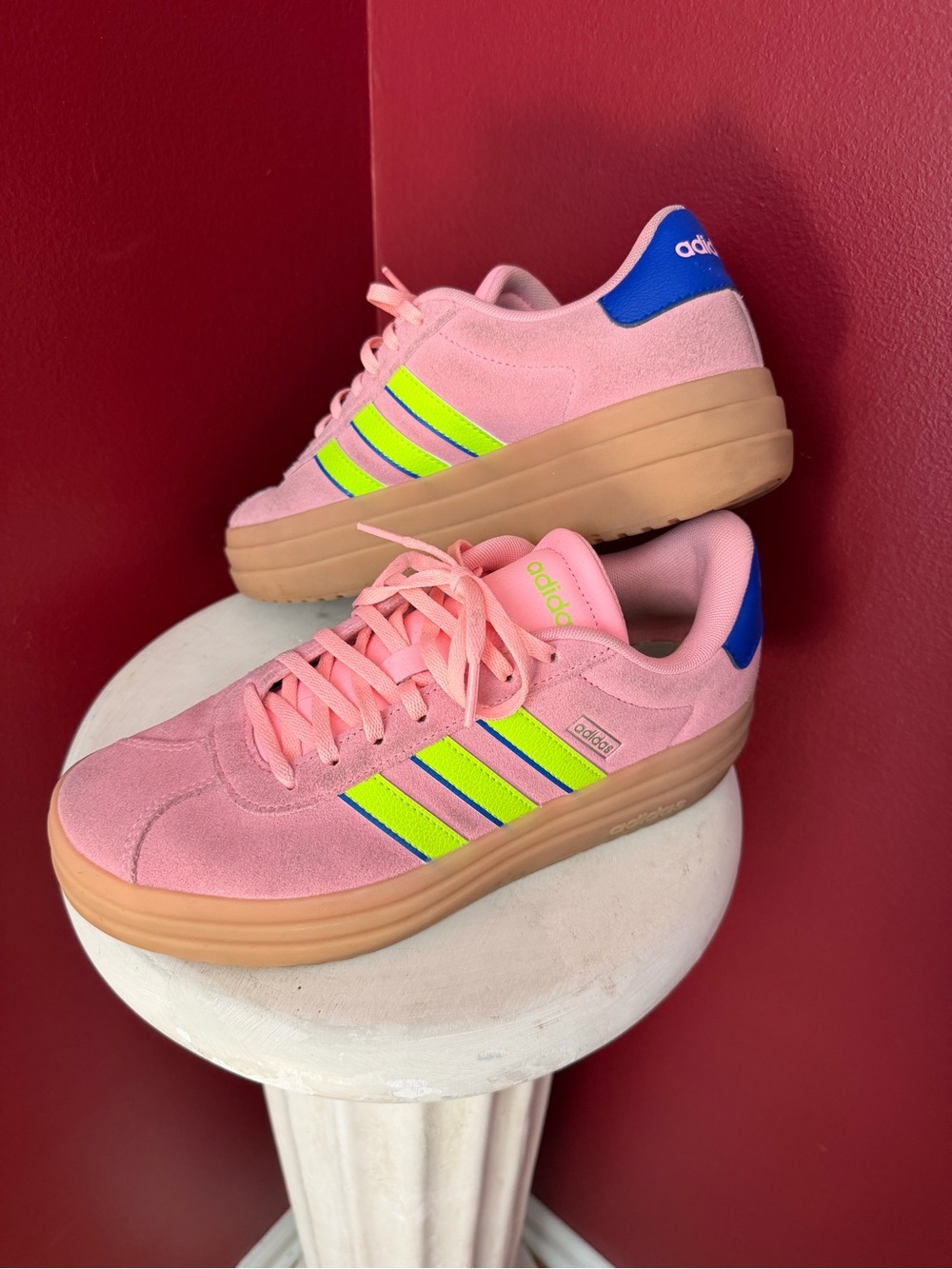 Adidas Pink & Neon Green Suede Platform Sneakers